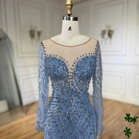 Blue Elegant Mermaid Dubai Arabia Luxury Beaded Pearls Evening Dresses Gowns 2025 For Women Wedding Party LA72264
