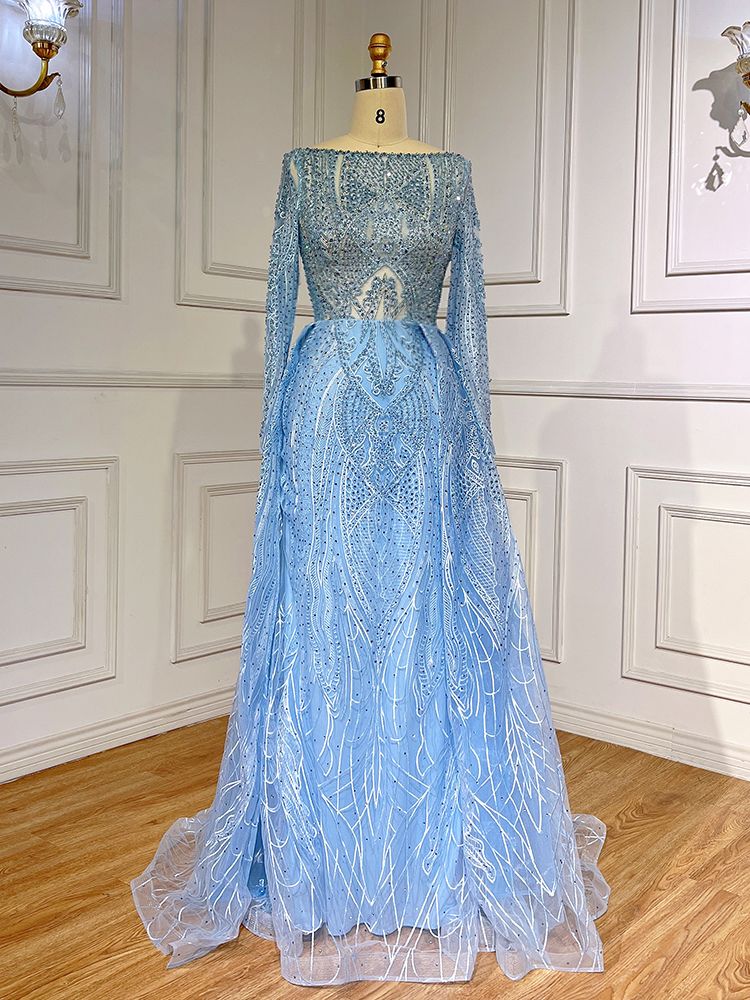 Blue Elegant Mermaid Over Skirt Lace Beaded Floor Length Muslim Evening Dresses Gowns For Women Party 2025 LA71830