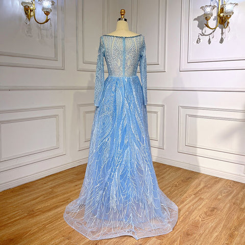 Blue Elegant Mermaid Over Skirt Lace Beaded Floor Length Muslim Evening Dresses Gowns For Women Party 2025 LA71830