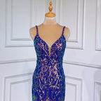 Blue Elegant Mermaid Sexy Backless Spaghetti Straps Beaded Luxury Arabic Evening Dresses Gowns For Women Party LA71791