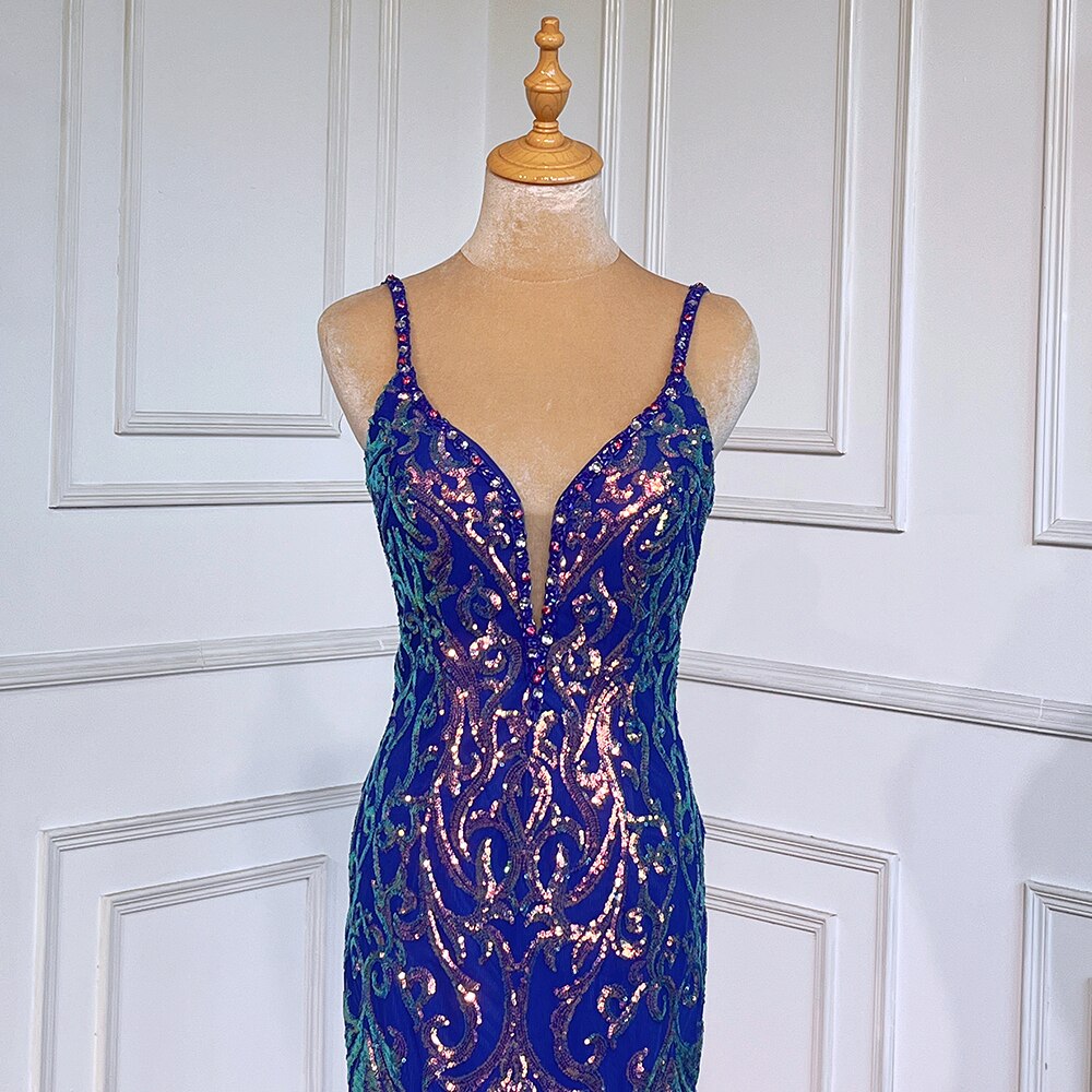 Blue Elegant Mermaid Sexy Backless Spaghetti Straps Beaded Luxury Arabic Evening Dresses Gowns For Women Party LA71791