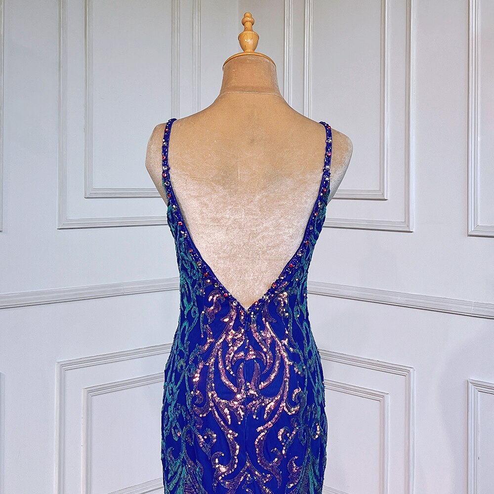 Blue Elegant Mermaid Sexy Backless Spaghetti Straps Beaded Luxury Arabic Evening Dresses Gowns For Women Party LA71791