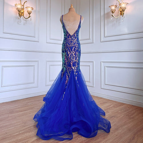 Blue Elegant Mermaid Sexy Backless Spaghetti Straps Beaded Luxury Arabic Evening Dresses Gowns For Women Party LA71791