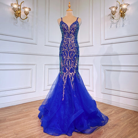 Blue Elegant Mermaid Sexy Backless Spaghetti Straps Beaded Luxury Arabic Evening Dresses Gowns For Women Party LA71791
