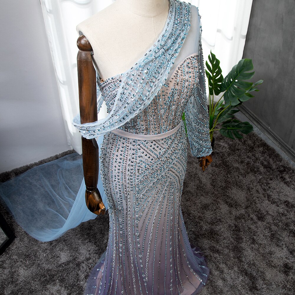Blue Elegant Mermaid Sexy One Shoulder Beaded Luxury  Evening Dresses Gowns For Women Party 2025 LA71429A