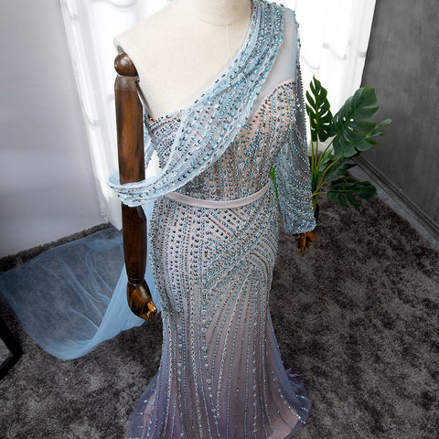 Blue Elegant Mermaid Sexy One Shoulder Beaded Luxury  Evening Dresses Gowns For Women Party 2025 LA71429A