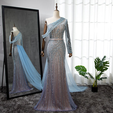 Blue Elegant Mermaid Sexy One Shoulder Beaded Luxury  Evening Dresses Gowns For Women Party 2025 LA71429A