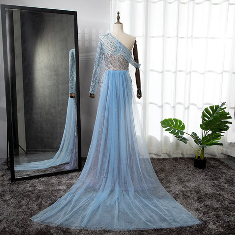 Blue Elegant Mermaid Sexy One Shoulder Beaded Luxury  Evening Dresses Gowns For Women Party 2025 LA71429A