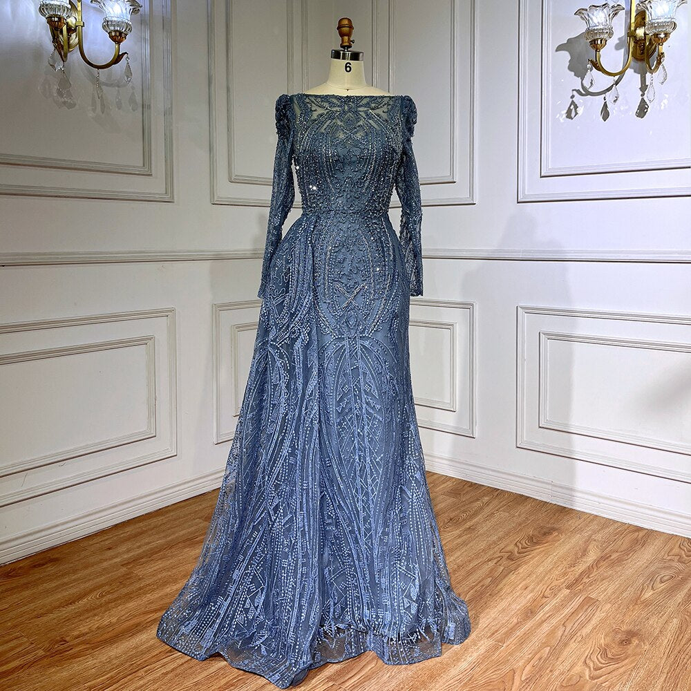 Blue Elegant Over Skirt Mermaid Sexy Lace Beaded Luxury Evening Dresses Gowns For Women Muslim Party 2025 LA71833