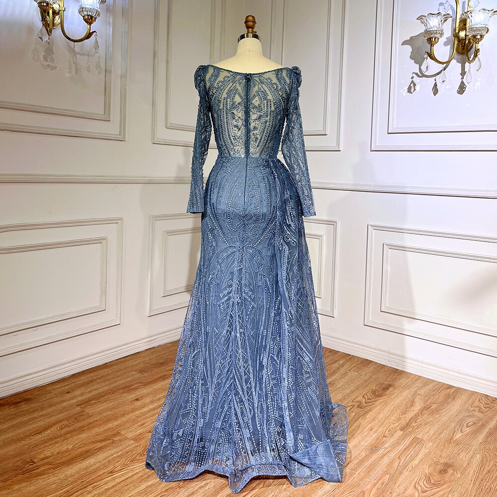 Blue Elegant Over Skirt Mermaid Sexy Lace Beaded Luxury Evening Dresses Gowns For Women Muslim Party 2025 LA71833