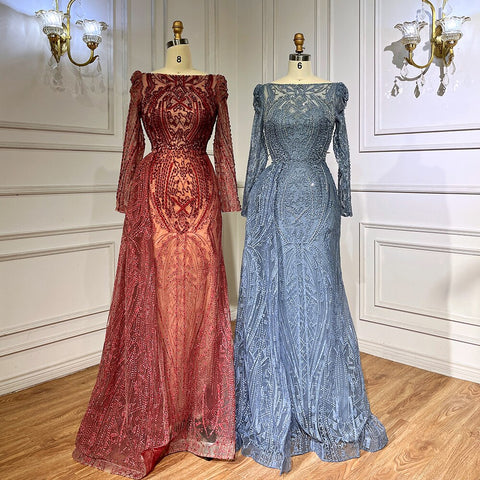 Blue Elegant Over Skirt Mermaid Sexy Lace Beaded Luxury Evening Dresses Gowns For Women Muslim Party 2025 LA71833