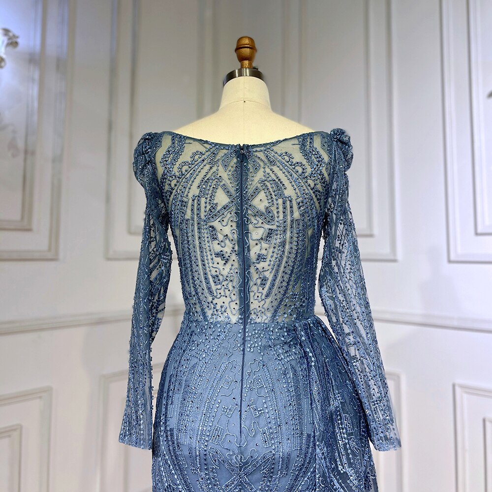 Blue Elegant Over Skirt Mermaid Sexy Lace Beaded Luxury Evening Dresses Gowns For Women Muslim Party 2025 LA71833