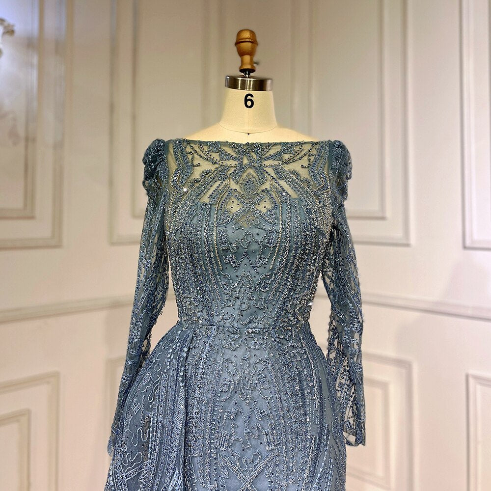 Blue Elegant Over Skirt Mermaid Sexy Lace Beaded Luxury Evening Dresses Gowns For Women Muslim Party 2025 LA71833
