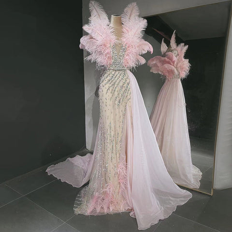 Blue Feather Beaded Evening Dresses Gowns 2025 Mermaid Luxury Elegant For Women Party LA71587