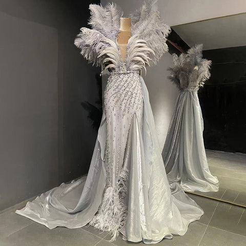 Blue Feather Beaded Evening Dresses Gowns 2025 Mermaid Luxury Elegant For Women Party LA71587