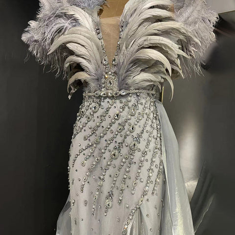 Blue Feather Beaded Evening Dresses Gowns 2025 Mermaid Luxury Elegant For Women Party LA71587