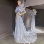 Blue Feather Beaded Evening Dresses Gowns 2025 Mermaid Luxury Elegant For Women Party LA71587