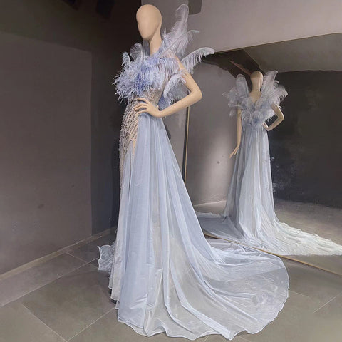 Blue Feather Beaded Evening Dresses Gowns 2025 Mermaid Luxury Elegant For Women Party LA71587