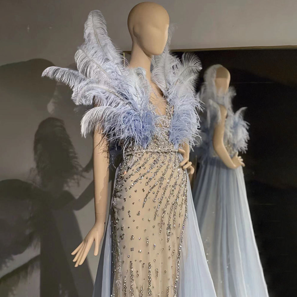 Blue Feather Beaded Evening Dresses Gowns 2025 Mermaid Luxury Elegant For Women Party LA71587