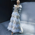 Blue Feathers Luxury Beaded A Line Long Sleeves Elegant Evening Dress 2025  For Women Formal Party Gown LA71816
