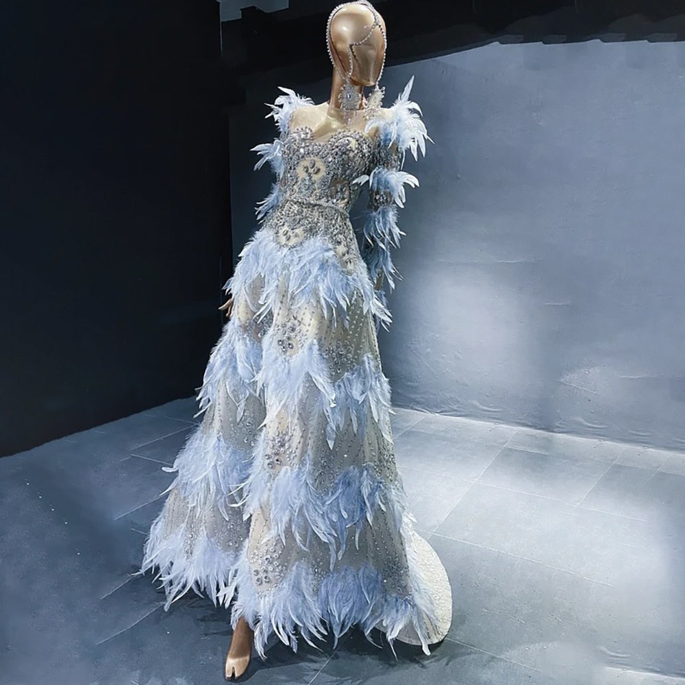 Blue Feathers Luxury Beaded A Line Long Sleeves Elegant Evening Dress 2025  For Women Formal Party Gown LA71816