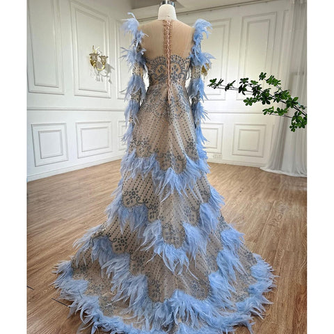 Blue Feathers Luxury Beaded A Line Long Sleeves Elegant Evening Dress 2025  For Women Formal Party Gown LA71816