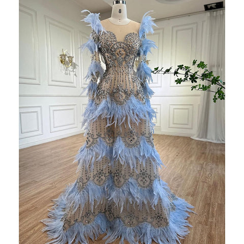 Blue Feathers Luxury Beaded A Line Long Sleeves Elegant Evening Dress 2025  For Women Formal Party Gown LA71816