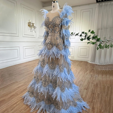 Blue Feathers Luxury Beaded A Line Long Sleeves Elegant Evening Dress 2025  For Women Formal Party Gown LA71816