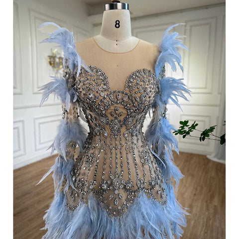 Blue Feathers Luxury Beaded A Line Long Sleeves Elegant Evening Dress 2025  For Women Formal Party Gown LA71816