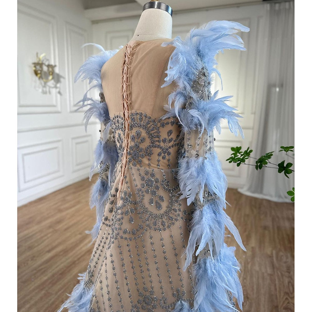 Blue Feathers Luxury Beaded A Line Long Sleeves Elegant Evening Dress 2025  For Women Formal Party Gown LA71816