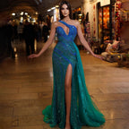 Blue Green Mermaid Sexy High Split One Shoulder Beaded Long Evening Dresses Gowns For Women Wedding Party LA72104