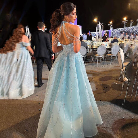 Blue Halter Sleeveless Mermaid Elegant Overskirt Beaded Evening Gown 2025 Formal Party Dresses For Women LA72054