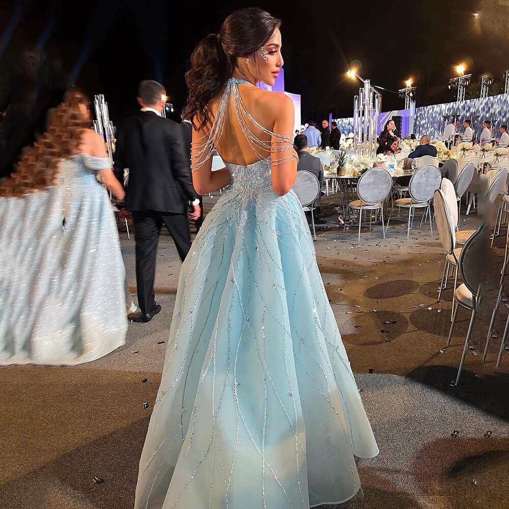 Blue Halter Sleeveless Mermaid Elegant Overskirt Beaded Evening Gown 2025 Formal Party Dresses For Women LA72054