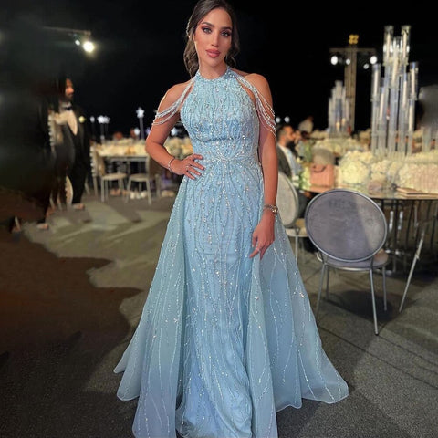 Blue Halter Sleeveless Mermaid Elegant Overskirt Beaded Evening Gown 2025 Formal Party Dresses For Women LA72054