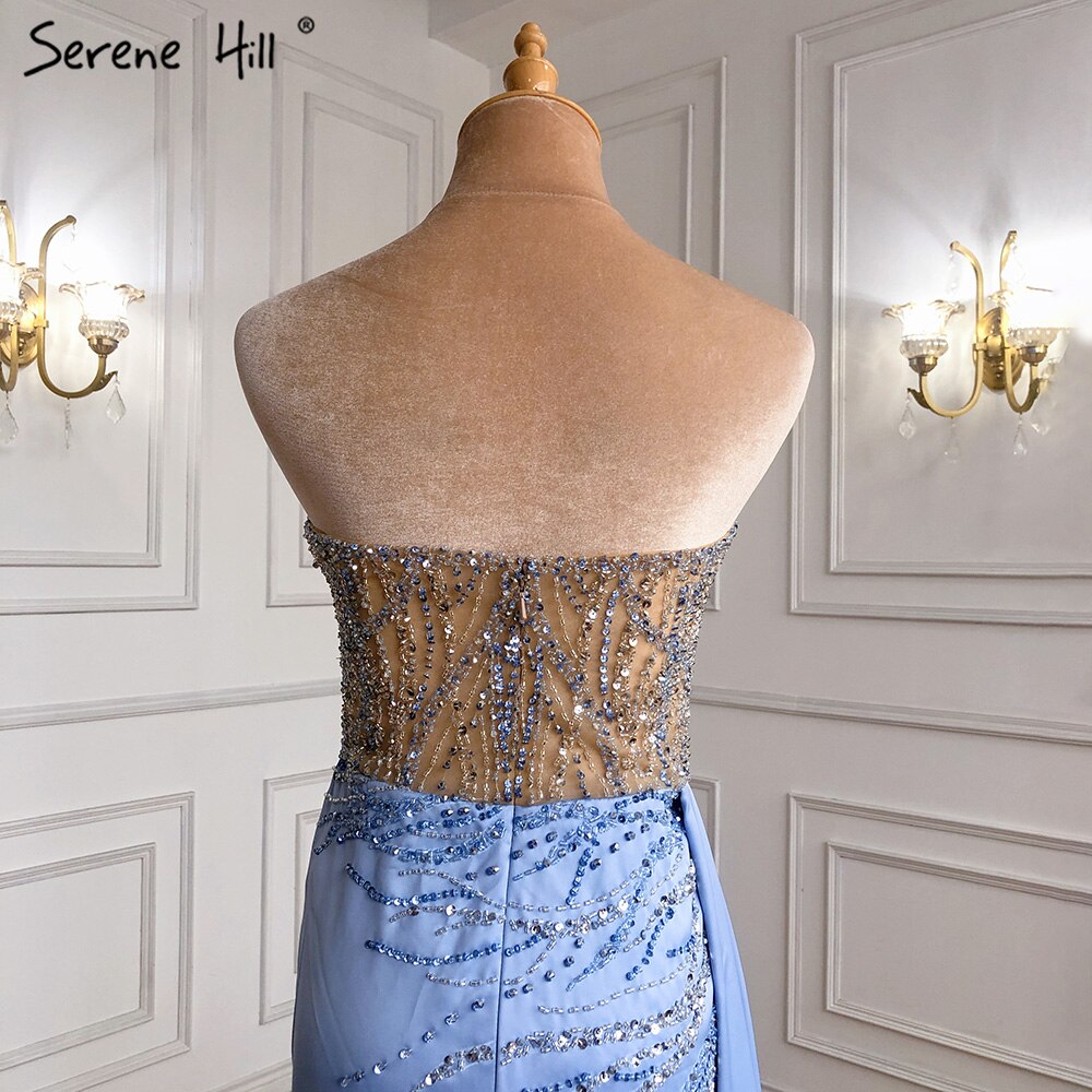 Blue High Split Mermaid Evening Dresses Gowns 2025 Beaded Elegant Stain For Women Party LA71262
