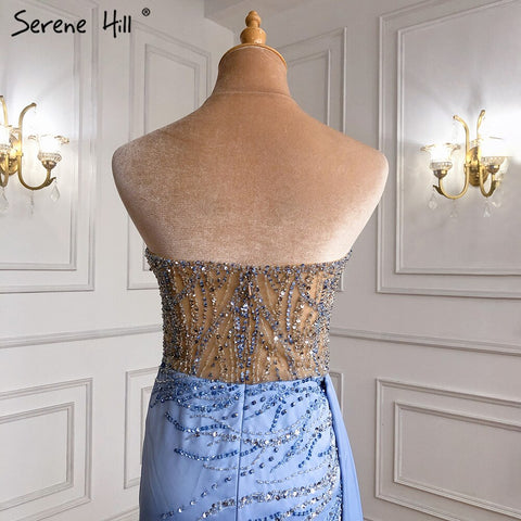 Blue High Split Mermaid Evening Dresses Gowns 2025 Beaded Elegant Stain For Women Party LA71262