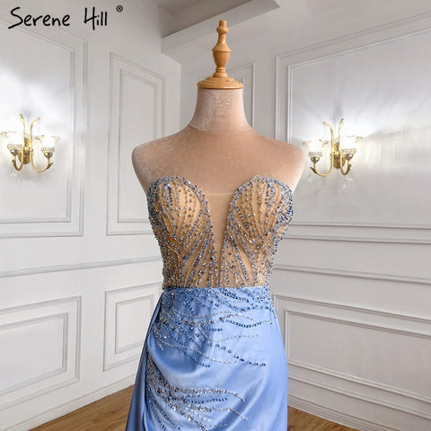 Blue High Split Mermaid Evening Dresses Gowns 2025 Beaded Elegant Stain For Women Party LA71262