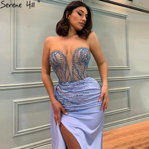 Blue High Split Mermaid Evening Dresses Gowns 2025 Beaded Elegant Stain For Women Party LA71262