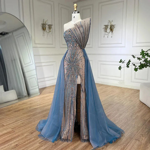 Blue High Split With Overskirt Mermaid Luxury Beaded Dubai Evening Dresses for Women Wedding Party 2025 LA71921A