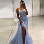 Blue High Split With Skirt Mermaid Strapless Beaded Evening Dresses Gowns For Women Party 2025 LA71795