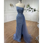 Blue High Split With Skirt Mermaid Strapless Beaded Evening Dresses Gowns For Women Party 2025 LA71795