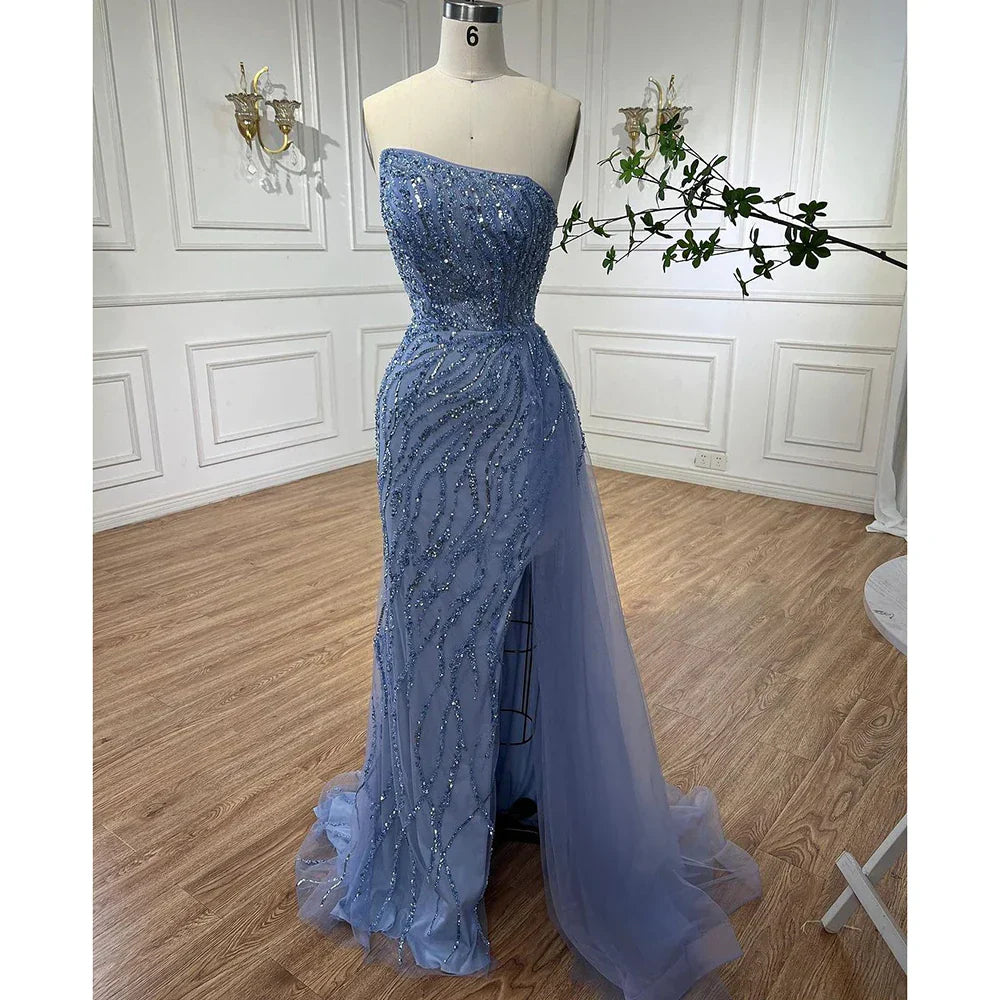 Blue High Split With Skirt Mermaid Strapless Beaded Evening Dresses Gowns For Women Party 2025 LA71795