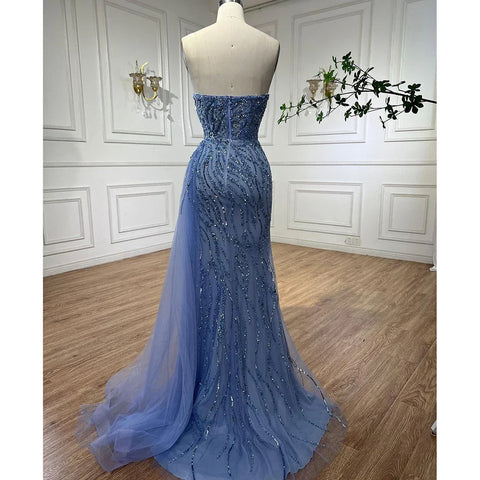 Blue High Split With Skirt Mermaid Strapless Beaded Evening Dresses Gowns For Women Party 2025 LA71795