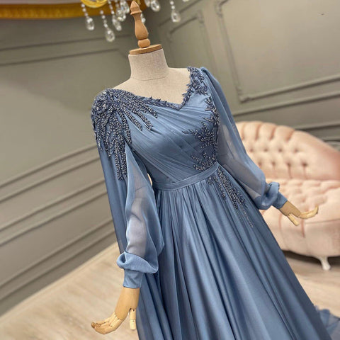 Blue Kralen Cape Mouwen Avond Jurken 2025 A-lijn Luxe Voor Vrouwen Wedding Party LA71550