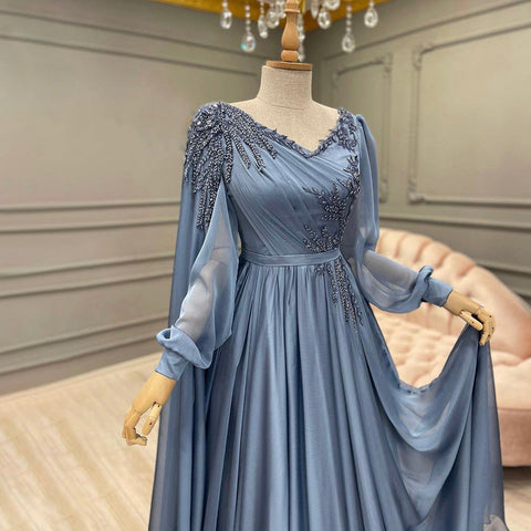 Blue Kralen Cape Mouwen Avond Jurken 2025 A-lijn Luxe Voor Vrouwen Wedding Party LA71550