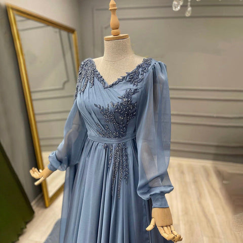 Blue Kralen Cape Mouwen Avond Jurken 2025 A-lijn Luxe Voor Vrouwen Wedding Party LA71550