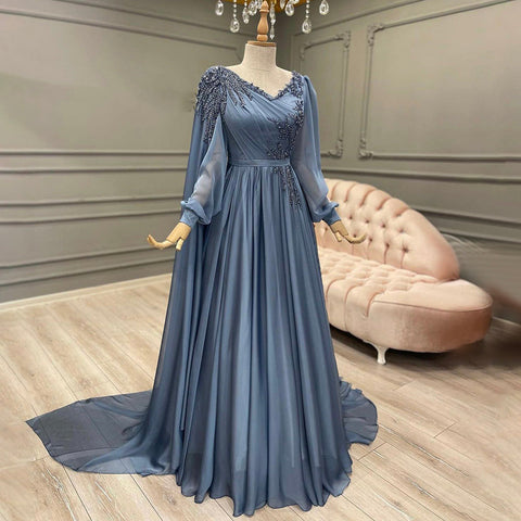 Blue Kralen Cape Mouwen Avond Jurken 2025 A-lijn Luxe Voor Vrouwen Wedding Party LA71550