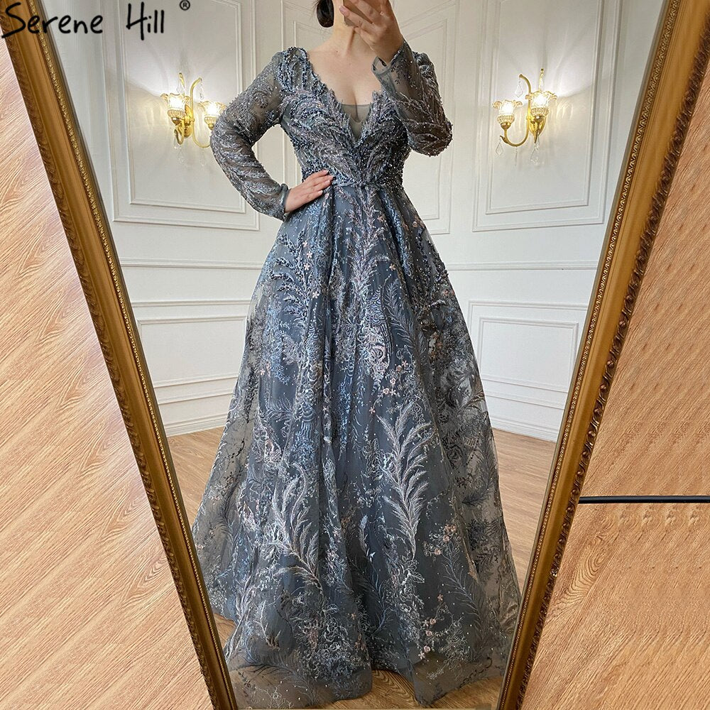 Blue Lace Beaded Evening Dresses Gowns 2025 A-Line Luxury For Woman Wedding Party LA71249