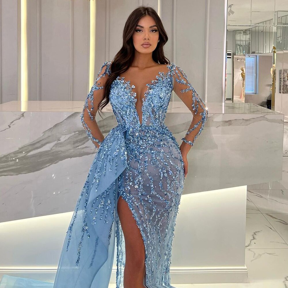 Blue Long Sleevele Elegant Mermaid High Split Evening Dresses 2025 Women Sexy Party Gowns with Side Skirt LA72044