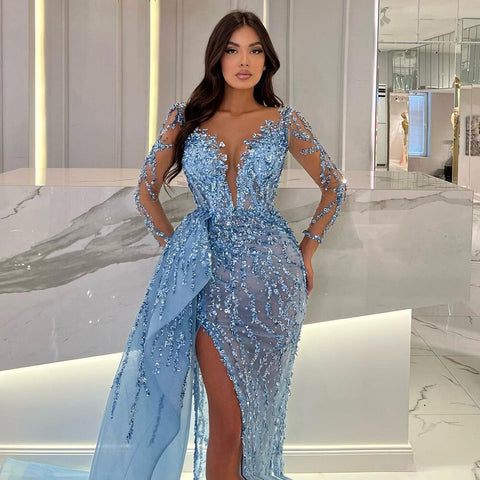 Blue Long Sleevele Elegant Mermaid High Split Evening Dresses 2025 Women Sexy Party Gowns with Side Skirt LA72044